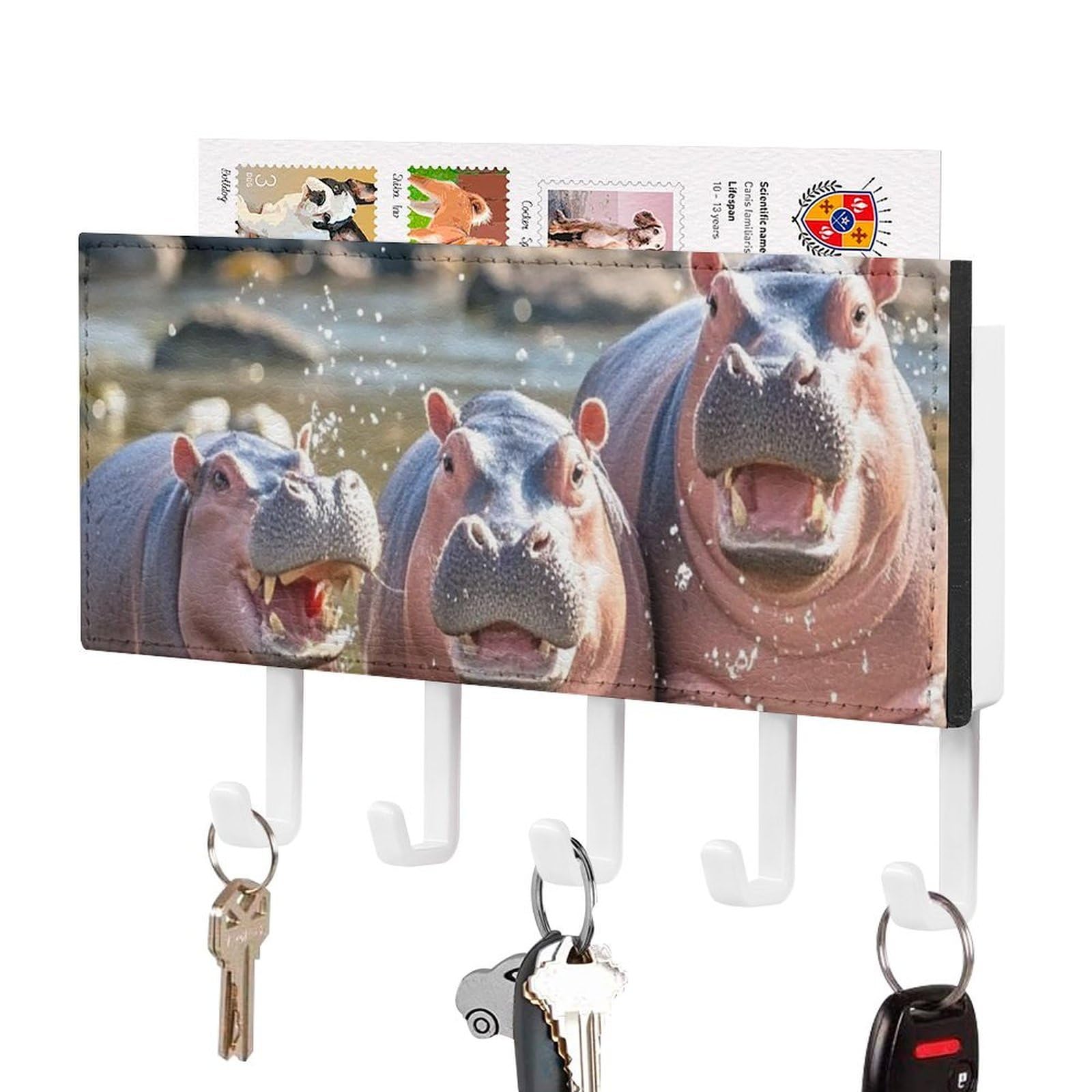 Fekiloot White-Style Baby Hippos Key Holder Wall Mount Key Hanger With 5 Hooks Decorative Key Rack Hanging Key Hooks With Mail Organizer Key Holder For Wall Living Room Kitchen Bathroom Hallway White