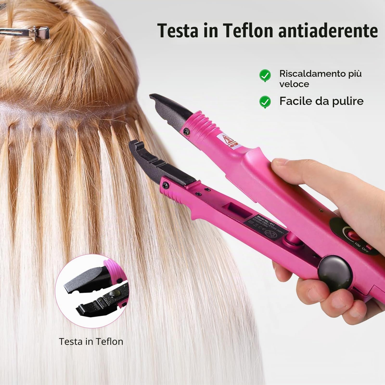 janelove Pinza termica per extension per capelli, 100 – 200 °C, pinza termica per bondings – rosa