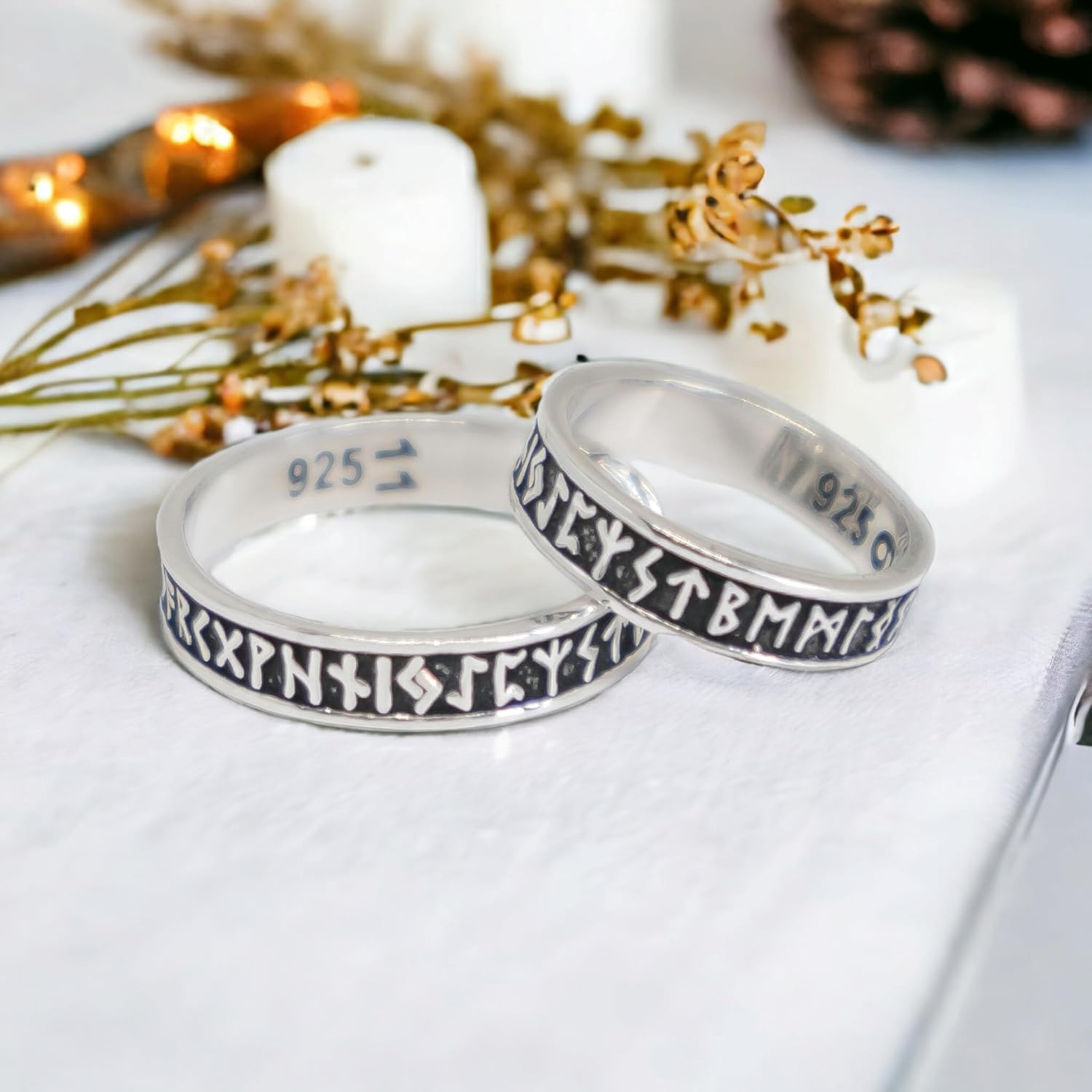Viking Rune Ring Sterling Silver 925 - Celtic Viking Wedding Bands - Pinky Thumb Rings - Elder Futhark Magic Norse Runes Symbols - Nordic Pagan Jewelry Gifts for Men Women