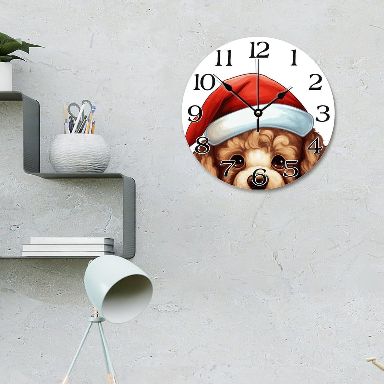 Vintage Decorative Wood Clock 12x12 in,Christmas Hat Peeking Dog Poodle Round Wooden Wall Clock for Kitchen Dining Room Home Decor Rustic Wall Art Wooden Clock Funny Dog Gifts for Dog Lover