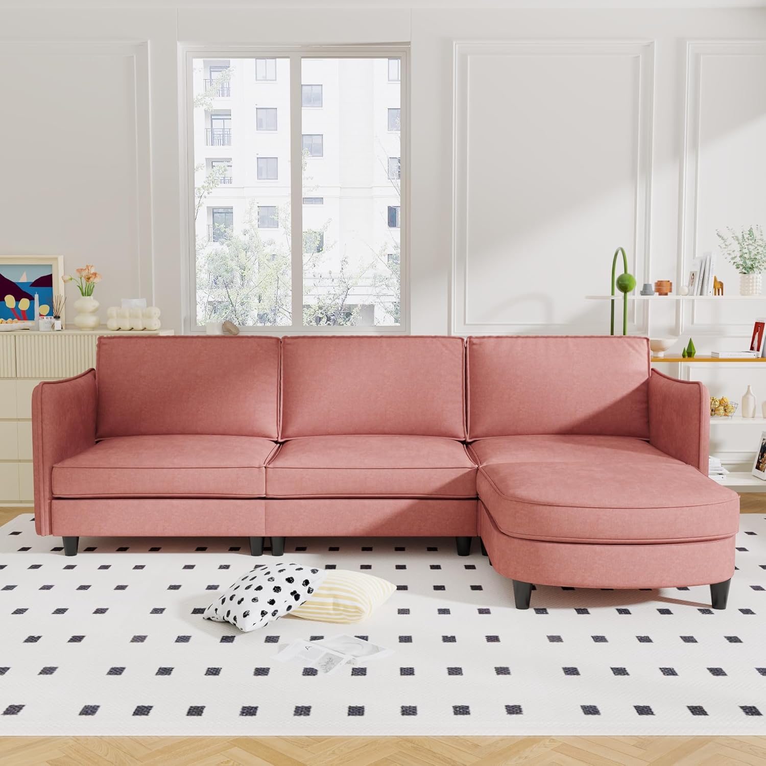 Hommoo Convertible Sectional Sofa Couch L Shaped Couch with Ottoman 3 Seat 107” Mid Century Modern Sectional Couch for Living Room Apartment Office Comfy Linen Fabric Red