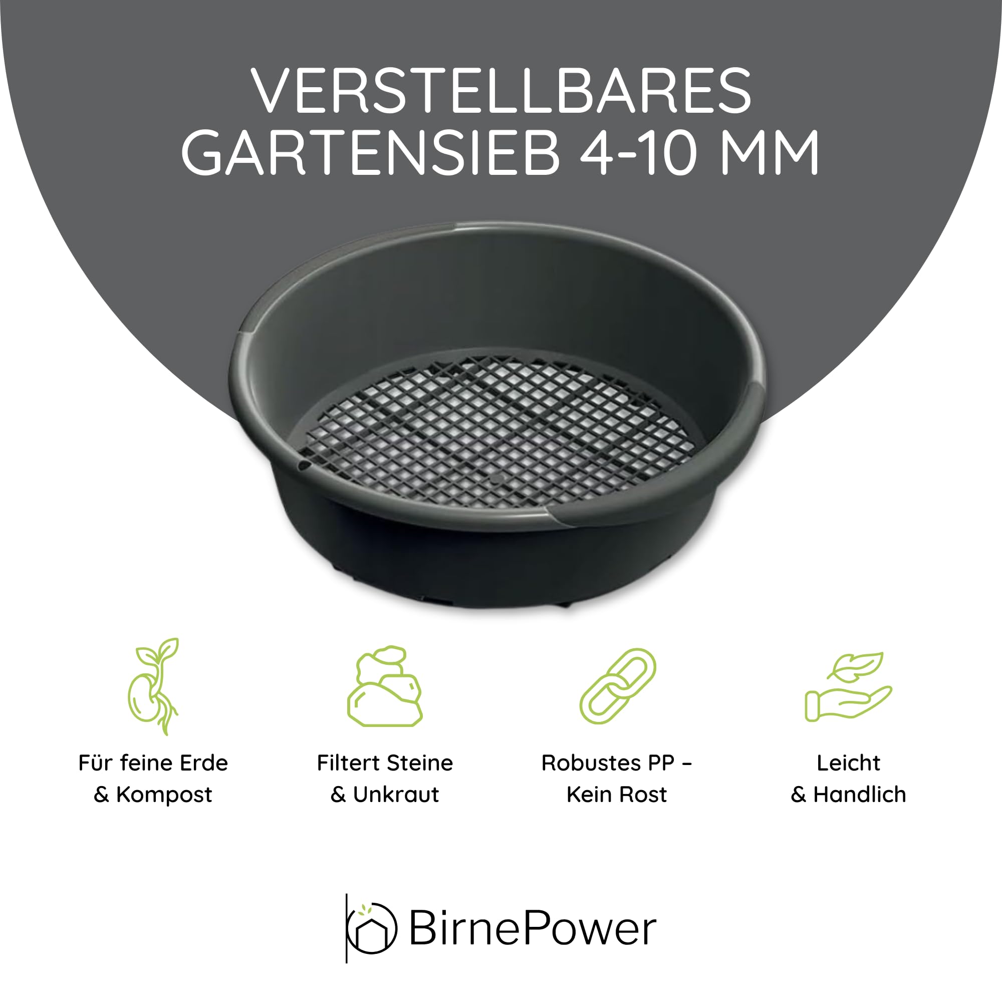 BirnePower Tamis de Jardin Rond ISIO370 avec Mailles 4-10mm, Passe-Partout pour Terre et Compost, Crible à Sable Robuste, Outil Pratique, Ø 37cm