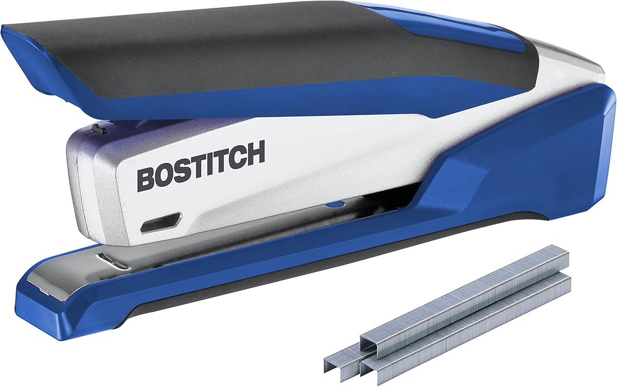 Amazon.com : Bostitch Office InPower Spring-Powered Premium Desktop Stapler - One Finger, No Effort, Blue/Silver (1118) : Desk Staplers : Office Products
