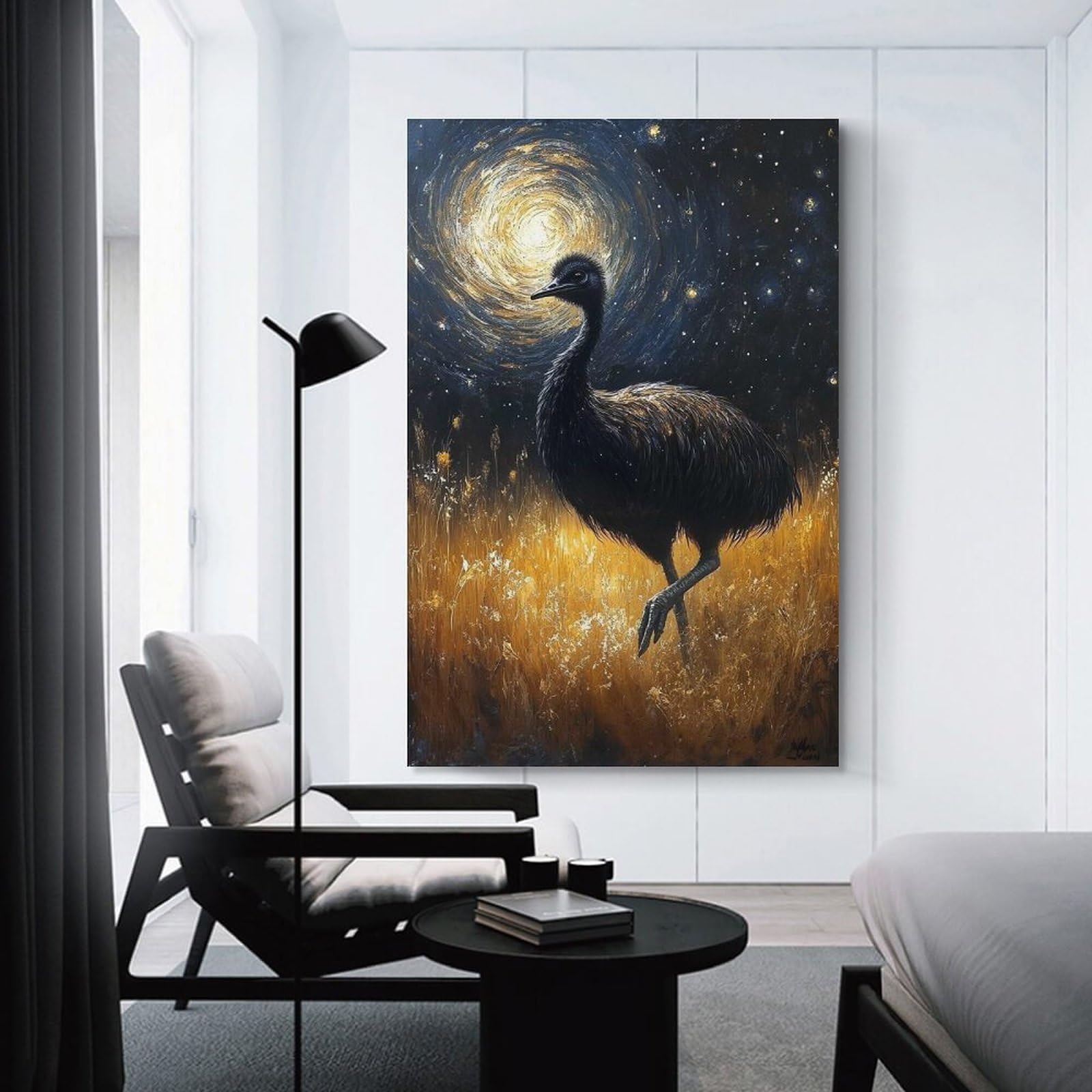 Junmoney Emu Under Starry Night Painting Room Decor Wall Art, 12x18inch(30x45cm), for Living Spaces, Bedrooms Or Relaxed Rooms, Canvas Styling for A Polished Room Look