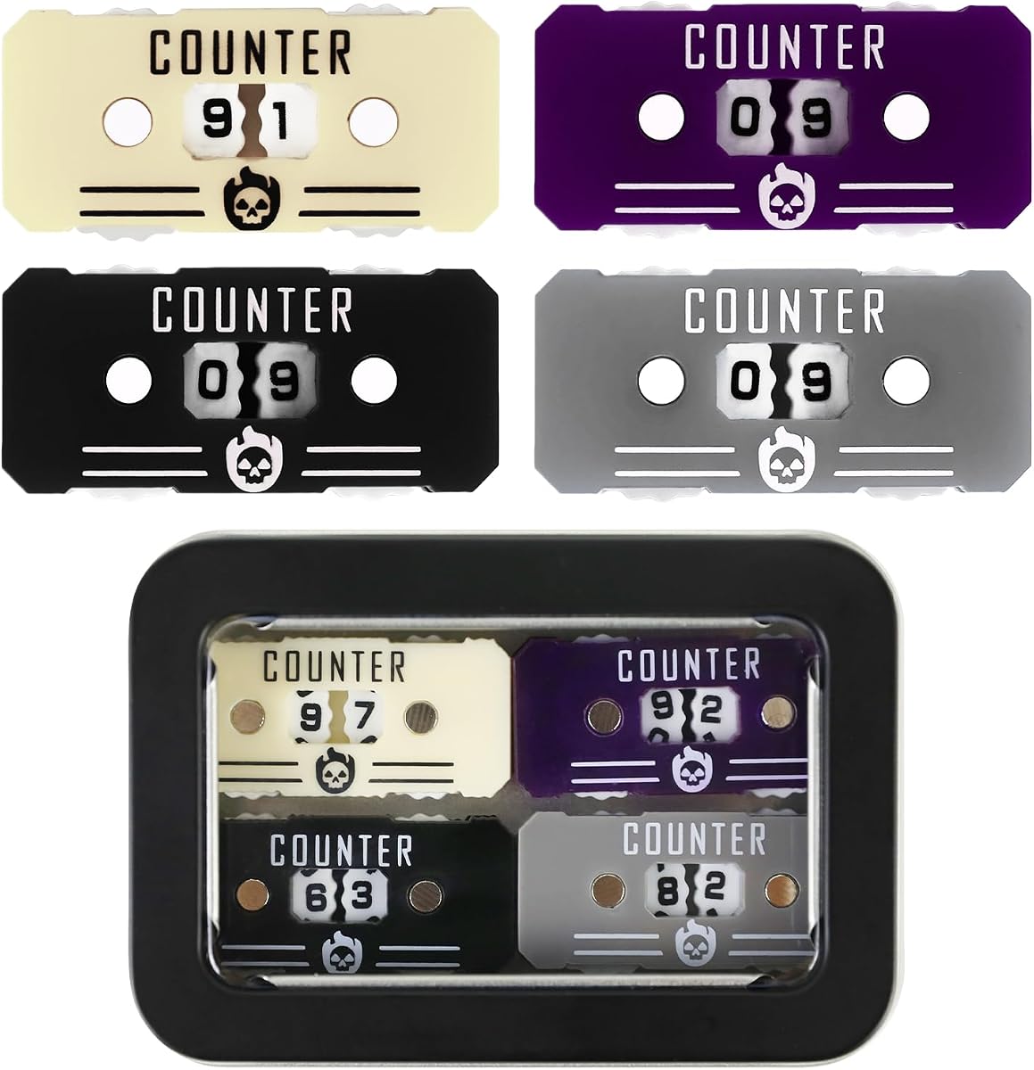Contador de vida MTG de 4 piezas de dos dígitos con caja de metal, contador de vida de seguimiento de salud para Magic the gatering, compatible con juegos de cartas MTG Magic, accesorios RPG D&D CCG TCG, juegos de mesa