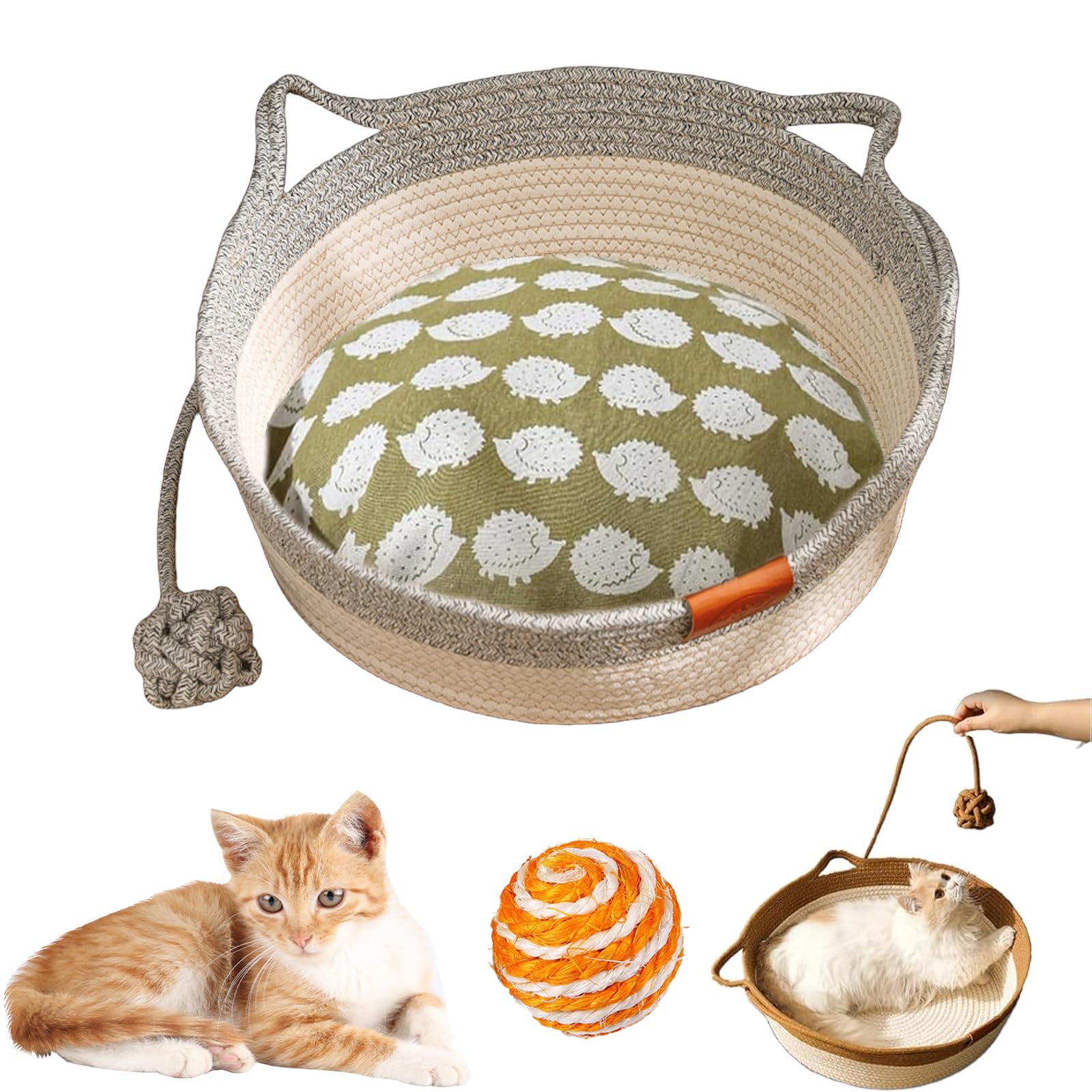 HItianya Virelapets Woven Rope Cat Basket, Virela Woven Rope Cat Basket, 13” /16” /18” Dual Pets Scratching Pad, Hand Ropes Cats Bed with Built-In Scratching Mat & Play Ball (Gray (Padded), 16 in) — image 1