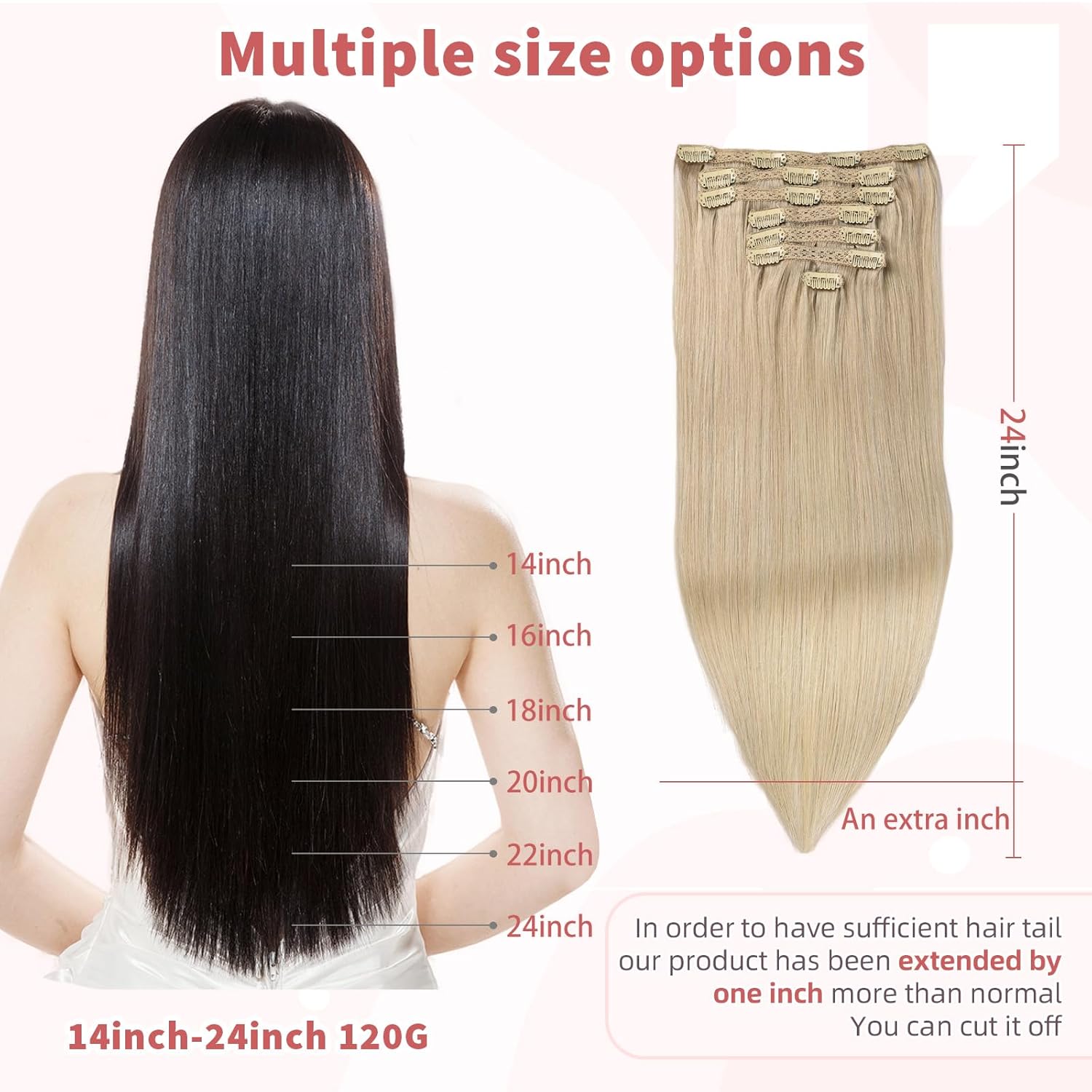 human hair clip in extensions,Soft&Natural 120g 7pcs clip in hair extensions real human hair Straight (24 Inch, #60A Blonde)