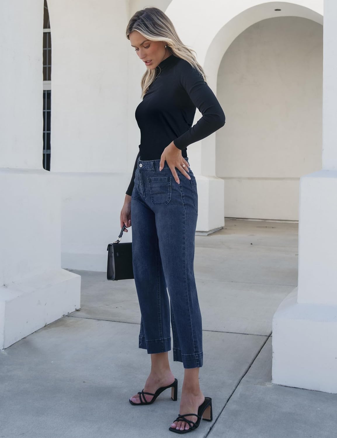 luvamia Wide Leg Jeans for Women Trendy High Waisted Flare Jeans Cropped Denim Pants Stretchy Baggy with Patch Pockets