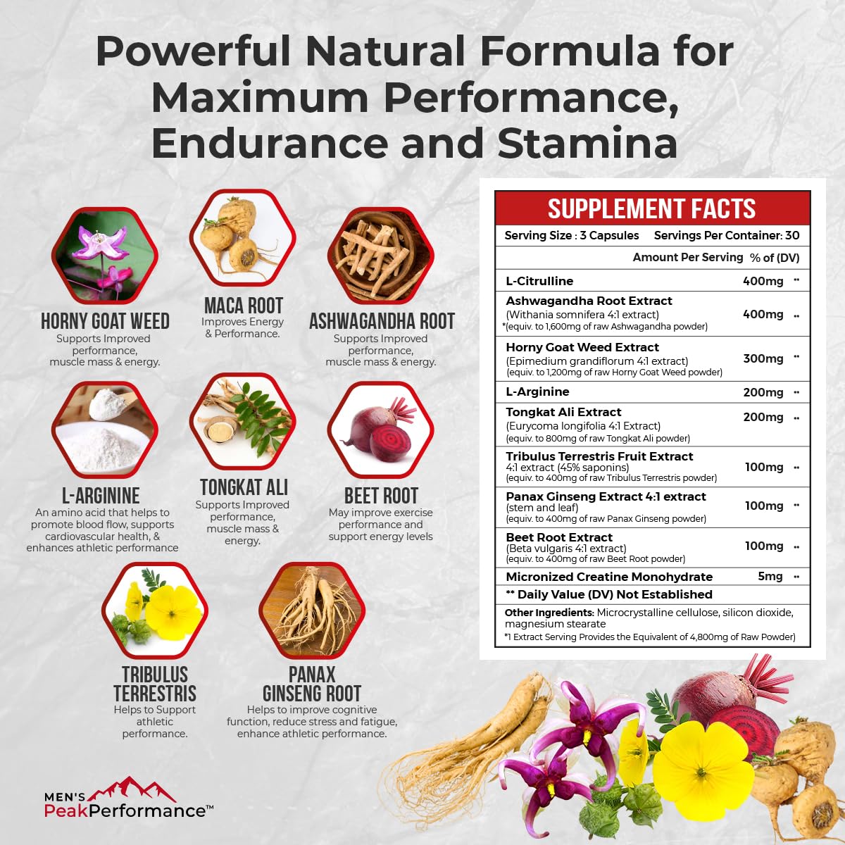 MEN'S PeakPerformance - Testosterone Booster Supplement for Men - Boost Stamina, Muscle Growth, Energy, Strength, Endurance & Drive - Ashwagandha, Tribulus, L-Arginine, Tongkat Ali- 90 Capsules