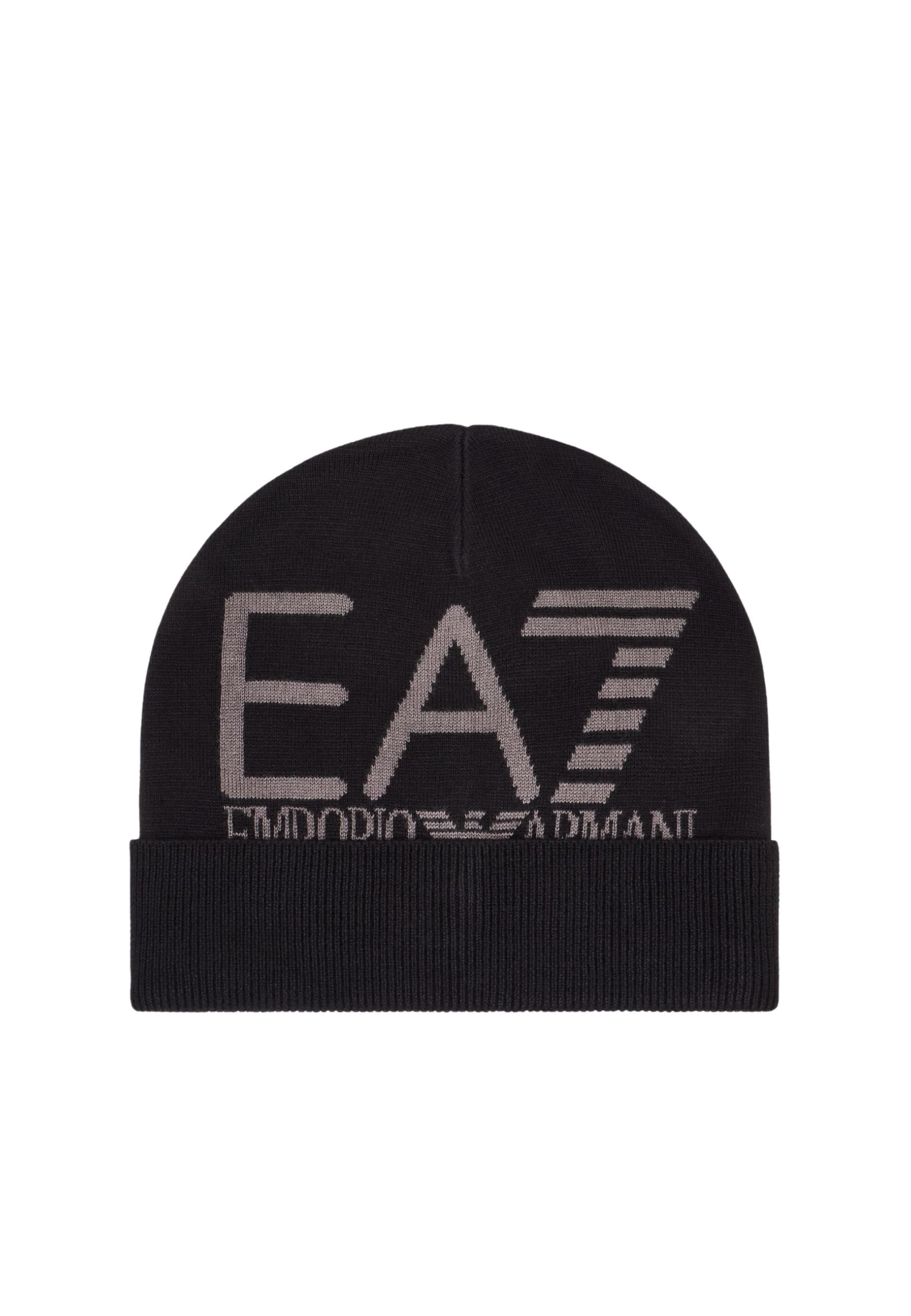 EA7 Emporio Armani Oversized Logo Beanie Hat, Black/Volcanic Glass (UK, Alpha, M, Black)