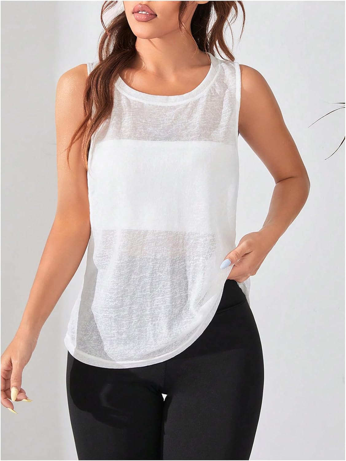 OYOANGLE Women's Sheer Sleeveless Crew Neck Sports Tank Top Sleeveless Athletic Workout Shirts - Image 4