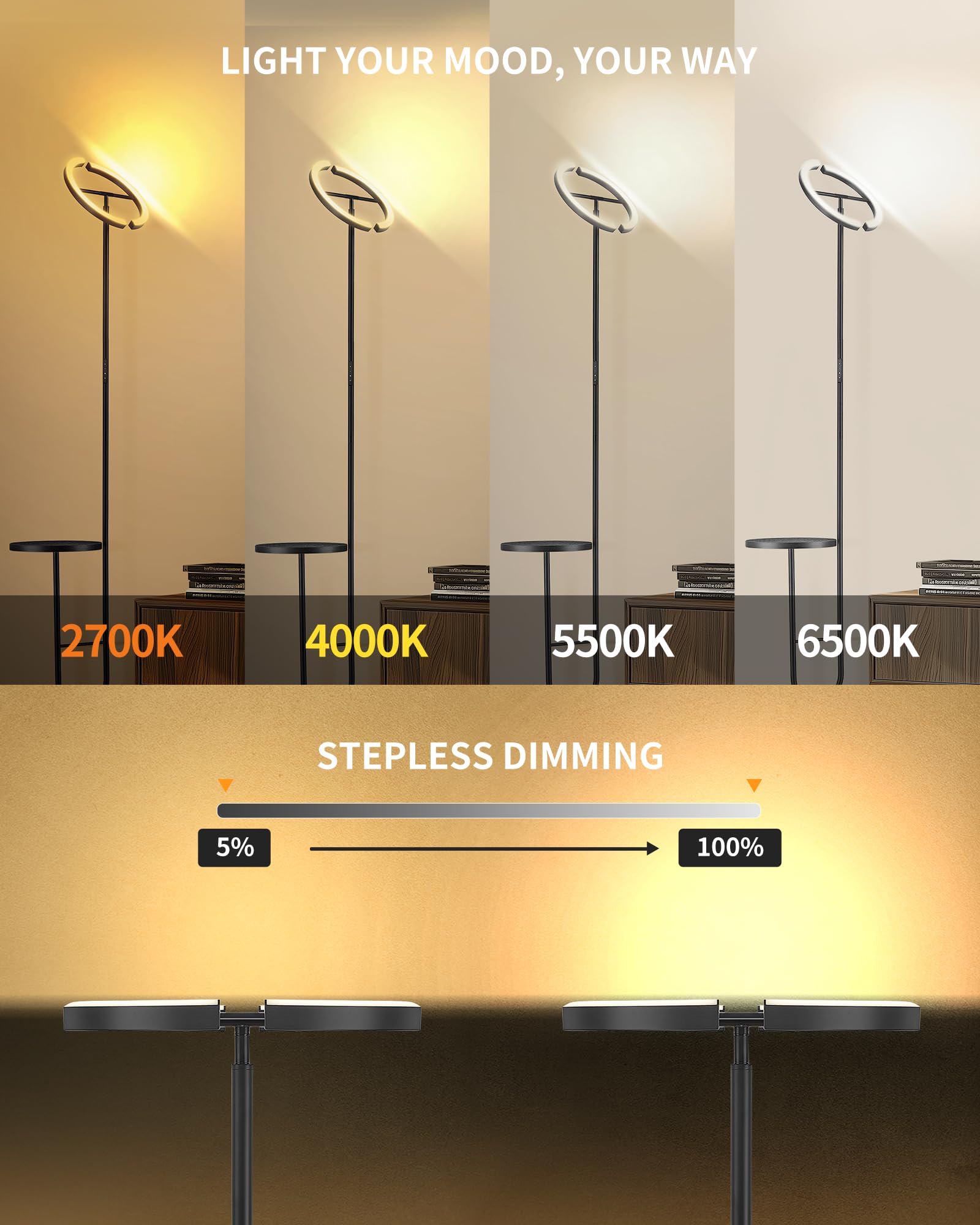 AVEN MF19 lampa stojąca LED, 36 W, ściemniana, z pilotem zdalnego sterowania, lampa stojąca z półką na półkę, obracana o 360°, nowoczesna lampa stojąca, czarna, do sypialni