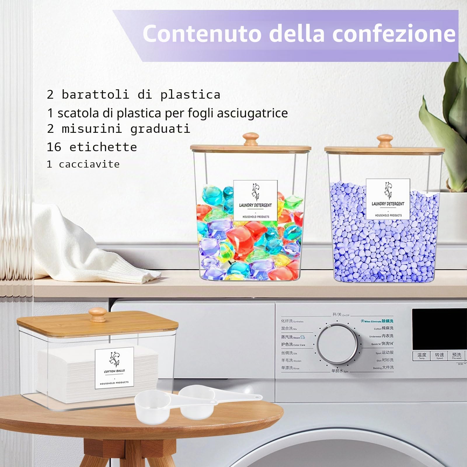 3 Pezzi Dispenser Detersivo Lavatrice, Contenitore Detersivo Polvere, con Coperchi Ermetici, Dosatore Detersivo Lavatrice per Bucato, 16 Etichette ＆ 2 Misurini, Barattolo per Bucato in Plastica