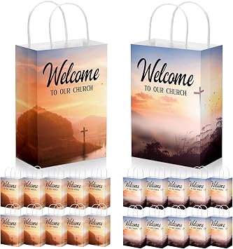 Chuangdi 50 Pcs Church Welcome Bags Bulk 5.91 x 3.15 x 8.27 Inches Christian Religious Cross Paper Bags Baptism Gift Welcome to Our Church with Handles for Birthday Guest Party Favor