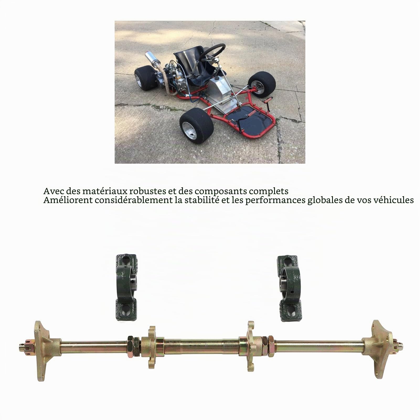 Kit d'essieu arrière pour kart, kit d'arbre d'essieu arrière de 24 pouces pour le réaménagement de karting d'une capacité de 50 à 150 cm3. Comprend moyeus, montages, brides et essieu