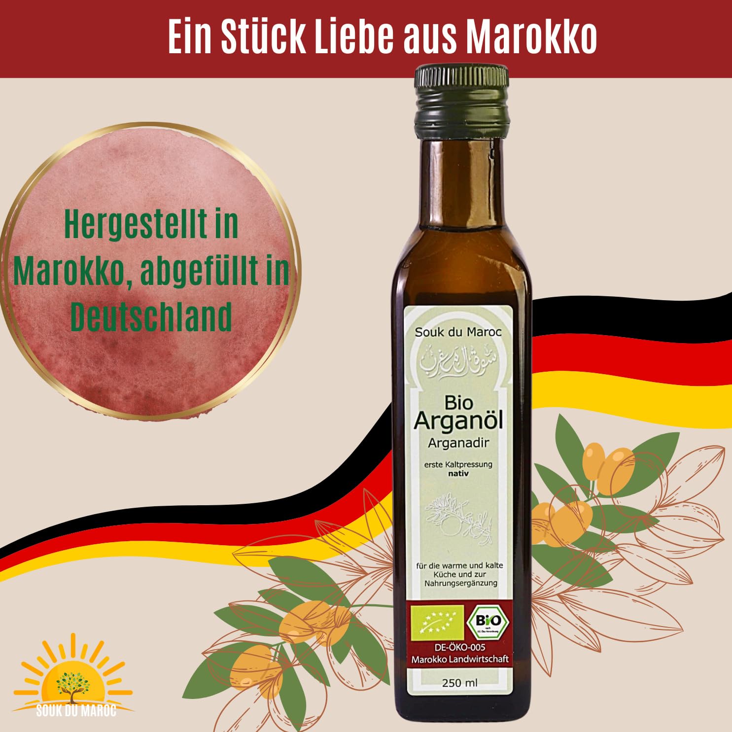 Aceite de argán orgánico Aceite comestible Arganadir prensado en frío nativo de Marruecos, 250 ml ✔ 100% vegano puro ✔ para cocina, ensaladas y suplementos nutricionales