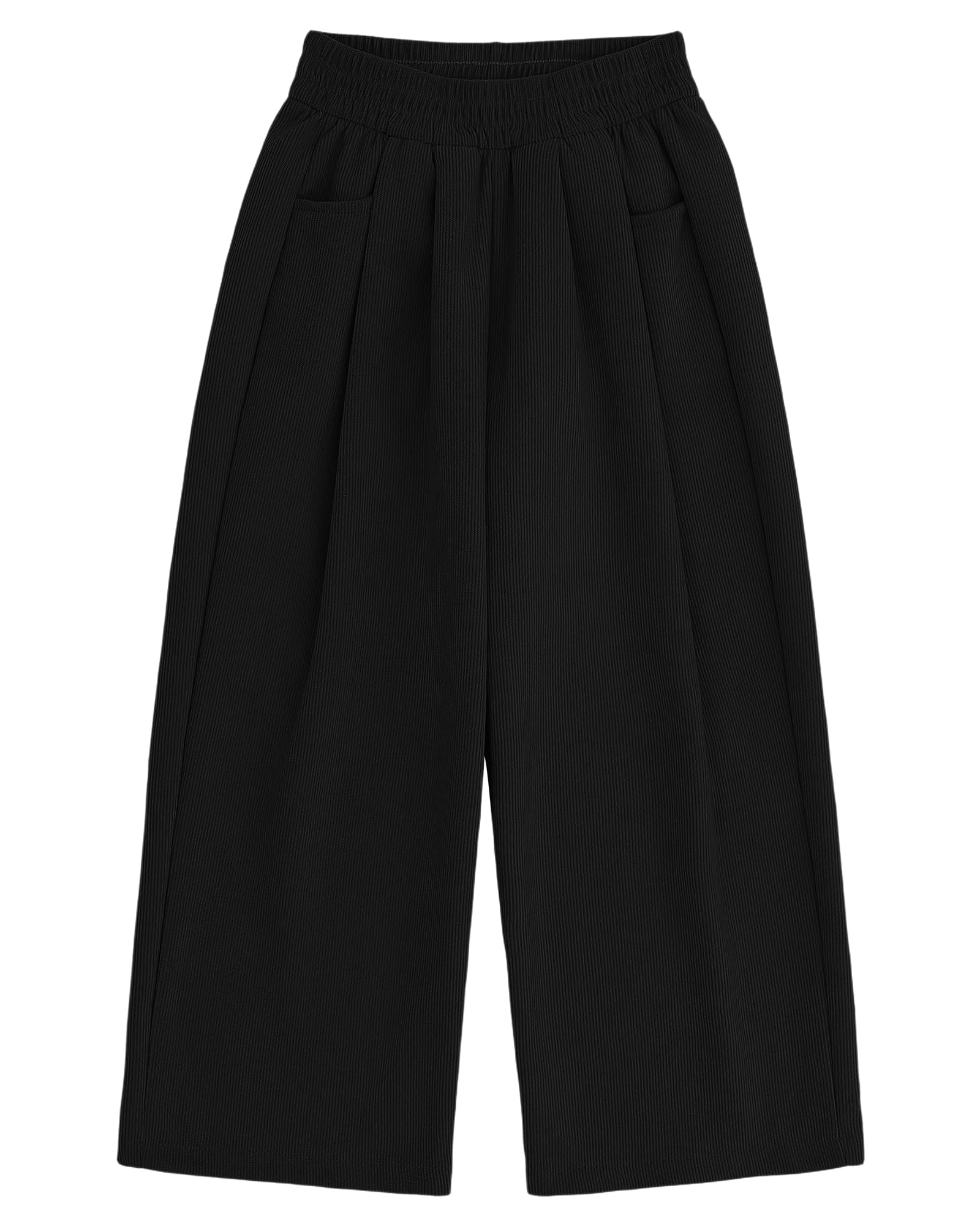 KAKU NANU Pantalones para niñas, cintura elástica, pierna ancha, 2 bolsillos, negro, marrón, beige, rosa, 5-13 años