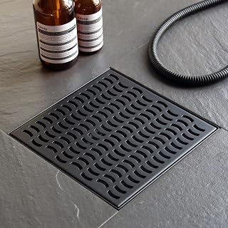 Sharpeye 8 Inch Square Shower Drain with Removable Wavy Pattern Square Drain Grate, Matte Black 304 Stainless Steel Shower Floor Drain for Bathroom, CUPC Certified, with Hair Strainer