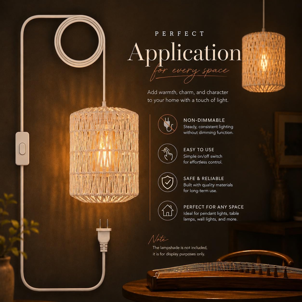 Plug in Fabric Pendant Light Cord with E26/E27 Socket, 15FT Flexible Cable, On/Off Switch, and Lampshade Holder (Fabric White)