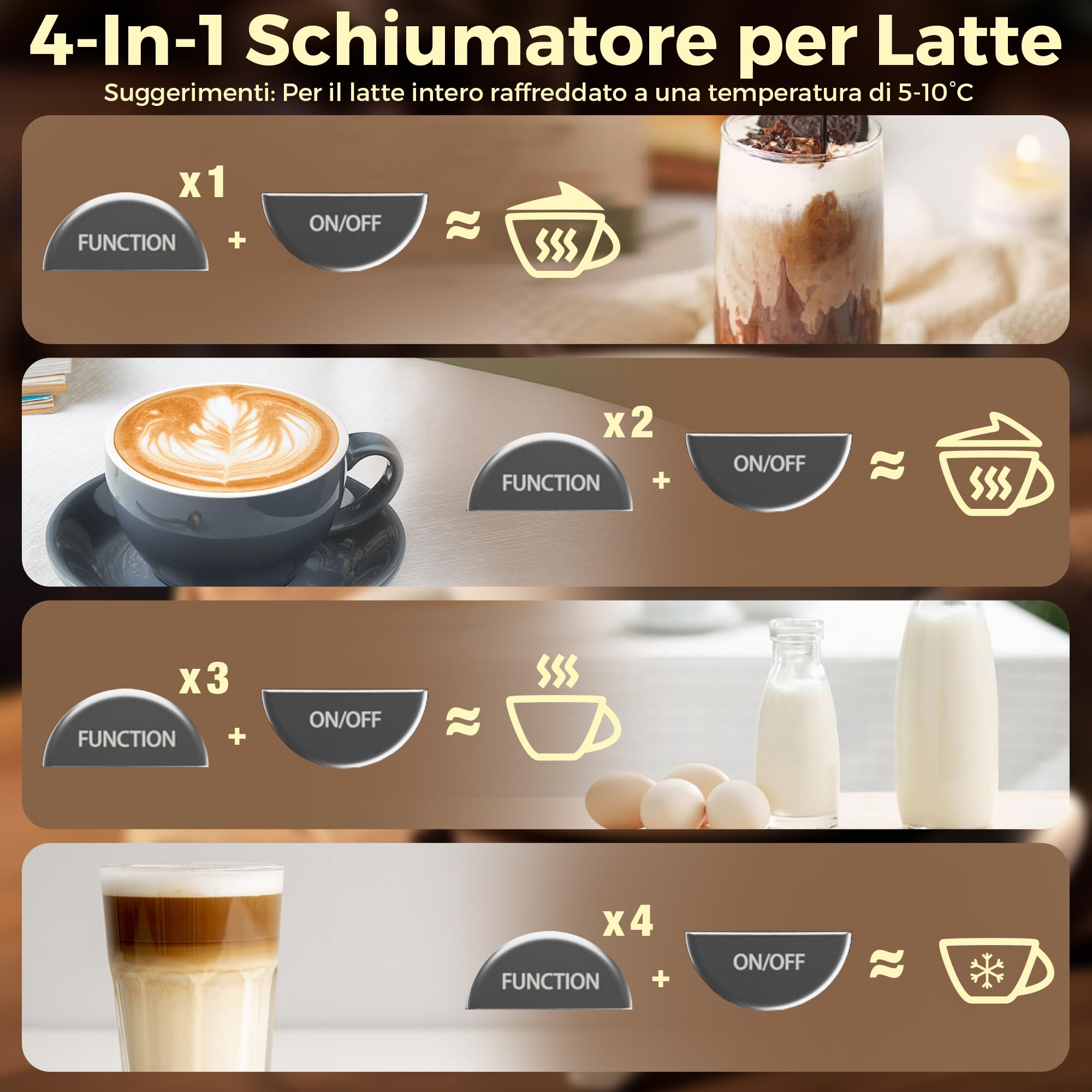 HAUSHOF Montalatte Elettrico 4 in 1 con Doppio Interruttore, Macchina per Cappucino, Scaldalatte, Schiuma Latte, Capacità Massima 300 ml, Nero