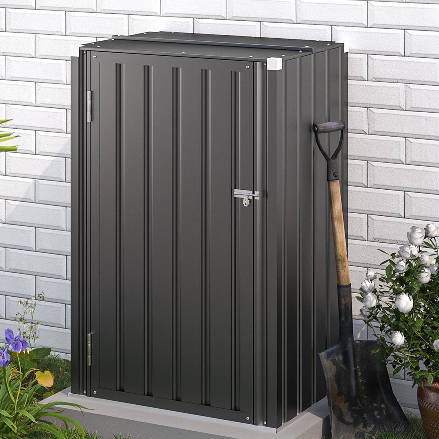 YODOLLA Gartenschrank 76x55x112cm, wetterfester Einzel-Tür Außenschrank aus Metall, Paketkasten & Lagerung mit Schloss – für Garten, Grau
