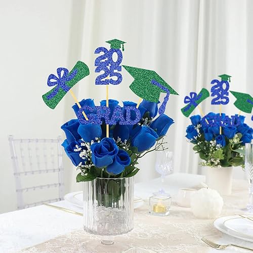 Miniatura 3 de Centro de mesa de graduación Decoración de mesa de fiesta, palillos con purpurina, tapa de graduación para cabina de fotos, favorece azul y verde