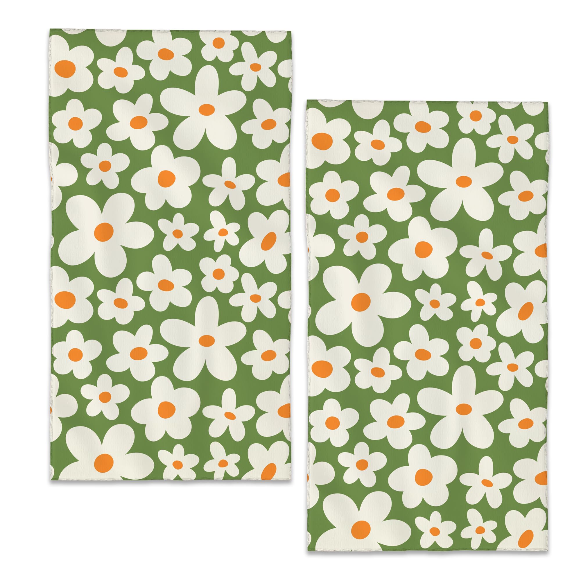 BIGXIUKA Retro 70's Goovy Flowers Hand Towels Set of 2,28 x 14 Inch White Daisy Bathroom Towel Soft Absorbent Kitchen Hotel Spa Laundry Room Gym Face Towel Decor