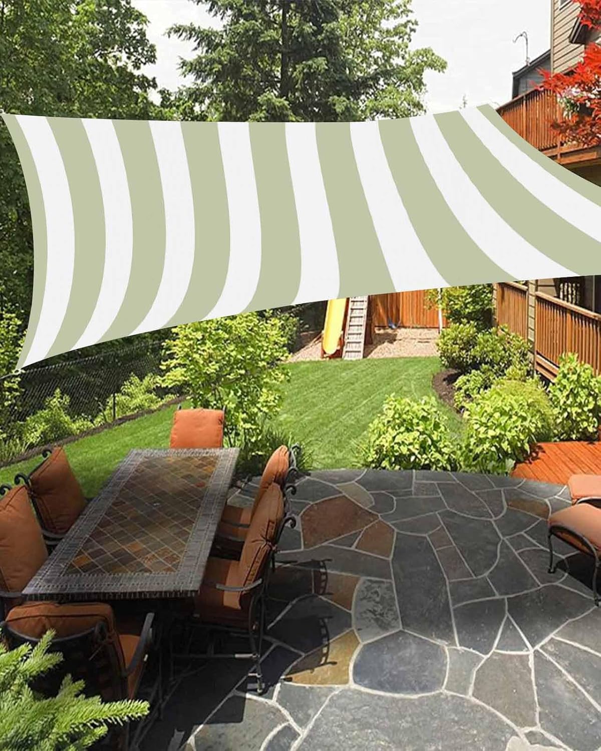 Sage Green Stripes Sun Shade Sail Canopy, Sage Green and White Stripe UV Block Outdoor Shade Cover Rectangle Striped Shade Cloth for Patio Backyard Lawns Garden Deck, 8'x10'
