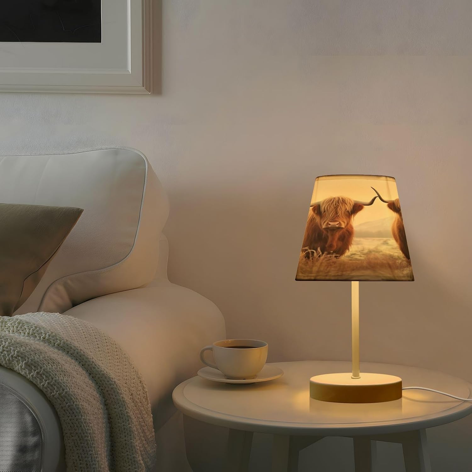 Cool Highland Cow Bedside Table Lamp - USB Small Nightstand Lamp, 3 Color Modes LED Desk Light for Bedroom,Living Room, Office Desk #753