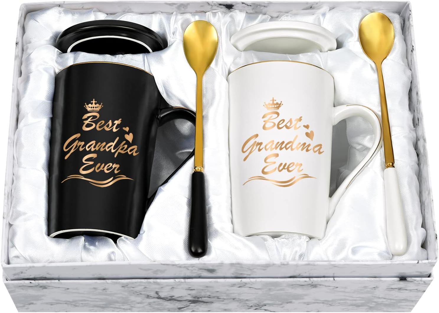 Cabtnca Grandparents Gifts, Best Grandma Grandpa Ever Mug Set, Mothers Day Christmas Gift for Grandparents Gifts for Grandma Grandpa from Granddaughter Grandkids, 14Oz Black & White