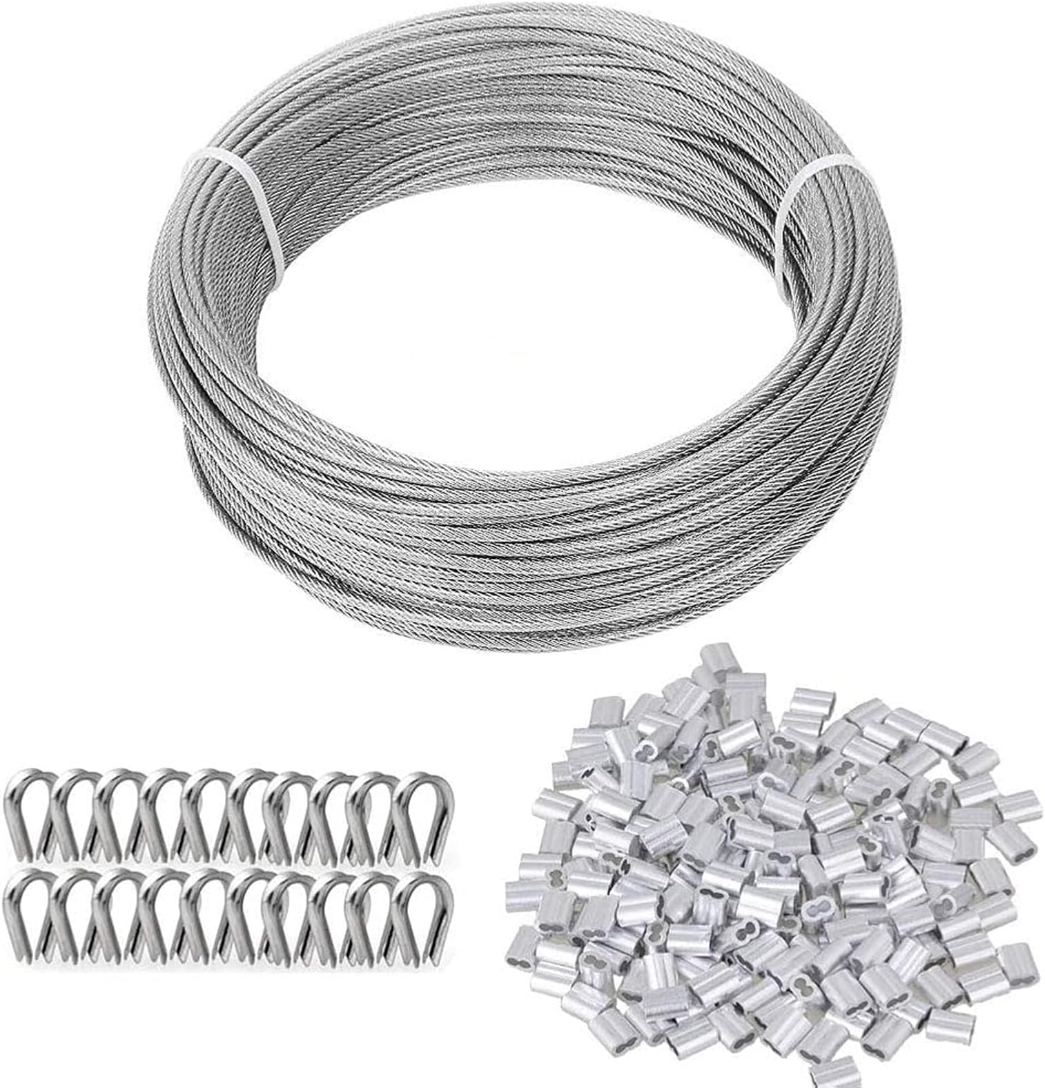 TooTaci 1/8 Wire Rope Kit, 100ft Vinyl Coated Stainless Steel Cable with 50pcs Crimping Sleeves and 20pcs Thimbles, 7x7 Strand Core Metal Cable for String Light, Shade Sail, Clothesline, Curtain