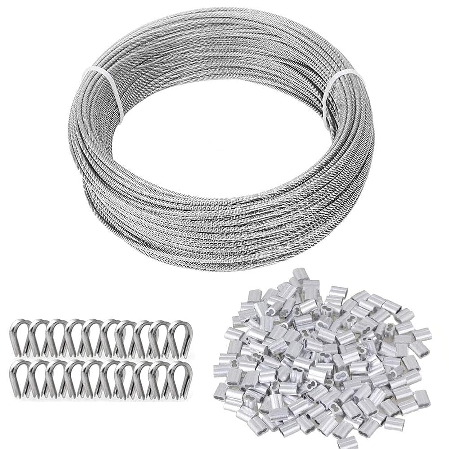 TooTaci 1/8 Wire Rope Kit, 100ft Vinyl Coated Stainless Steel Cable with 50pcs Crimping Sleeves and 20pcs Thimbles, 7x7 Strand Core Metal Cable for String Light, Shade Sail, Clothesline, Curtain