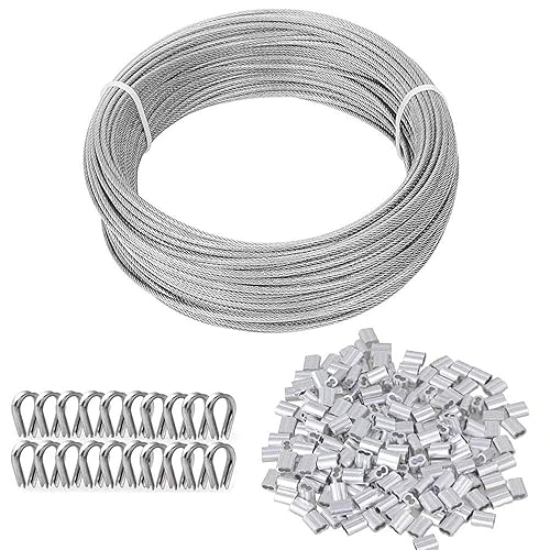 TooTaci Kit de cuerda de alambre de 1/8, cable de acero inoxidable recubierto de vinilo de 100 pies con 50 fundas de crimpado y 20 dedales, cable de