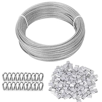TooTaci 3mm Wire Rope Kit, 30M PVC Coated Stainless Steel Wire Cable | Inlude 50pcs Crimping Sleeves & 20pcs Steel Thimbles, Tension Wire Kit for Garden/Fence/Curtain/Strings Hanging/Shade Sails