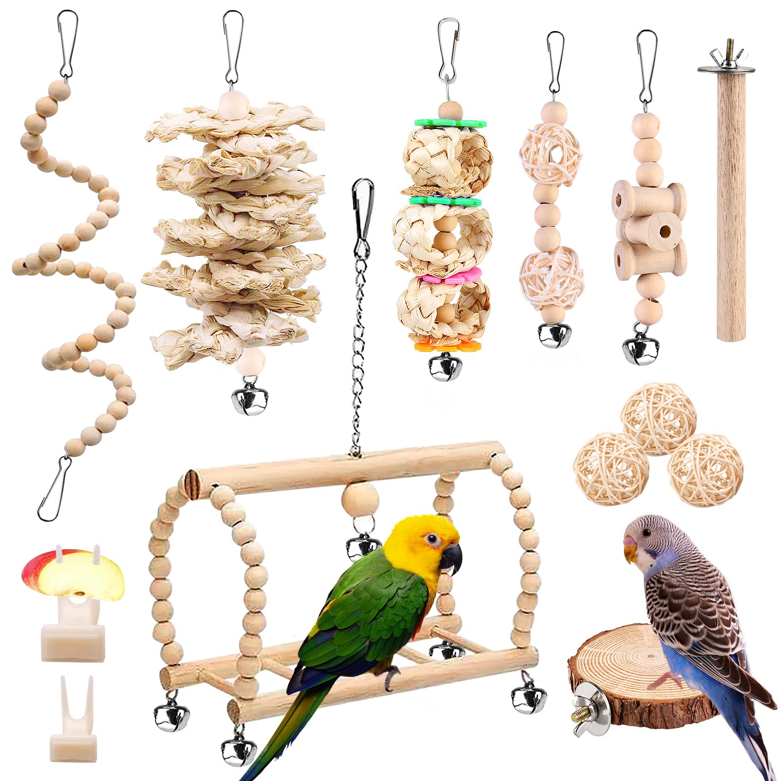Vegena Juguetes Loros 13 Piezas, Juguetes Agapornis de Madera Natural, Perchas para Pájaros Campanas Columpios Juguete de Masticación Accesorio para Jaula de Pájaros para Pequeños Loros de Aves