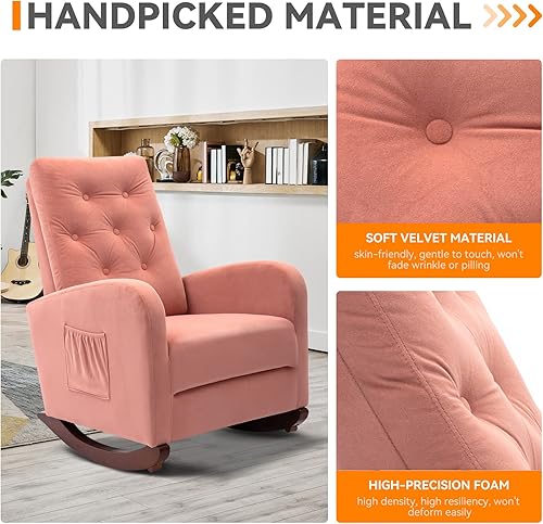 Miniatura 6 de cinkehome Mecedora de mediados de siglo moderna tapizada con respaldo alto silla reclinable para bebés y niños cómoda silla con bolsillo lateral