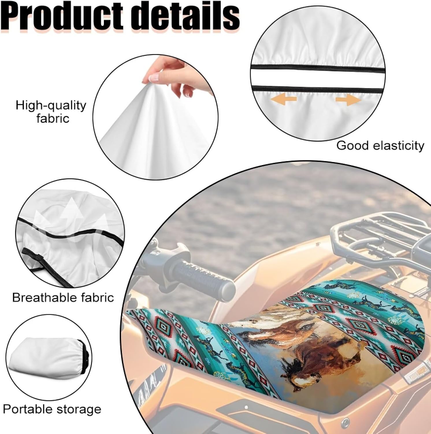 Wanyint Comfort ATV Seat Cover 25x10 Inch Waterproof All Terrain Vehicle Seat Cover with Elastic Edge, Compatible with Honda Recon 250/Yamaha Raptor 700, Aztec Geometric Horse Teal