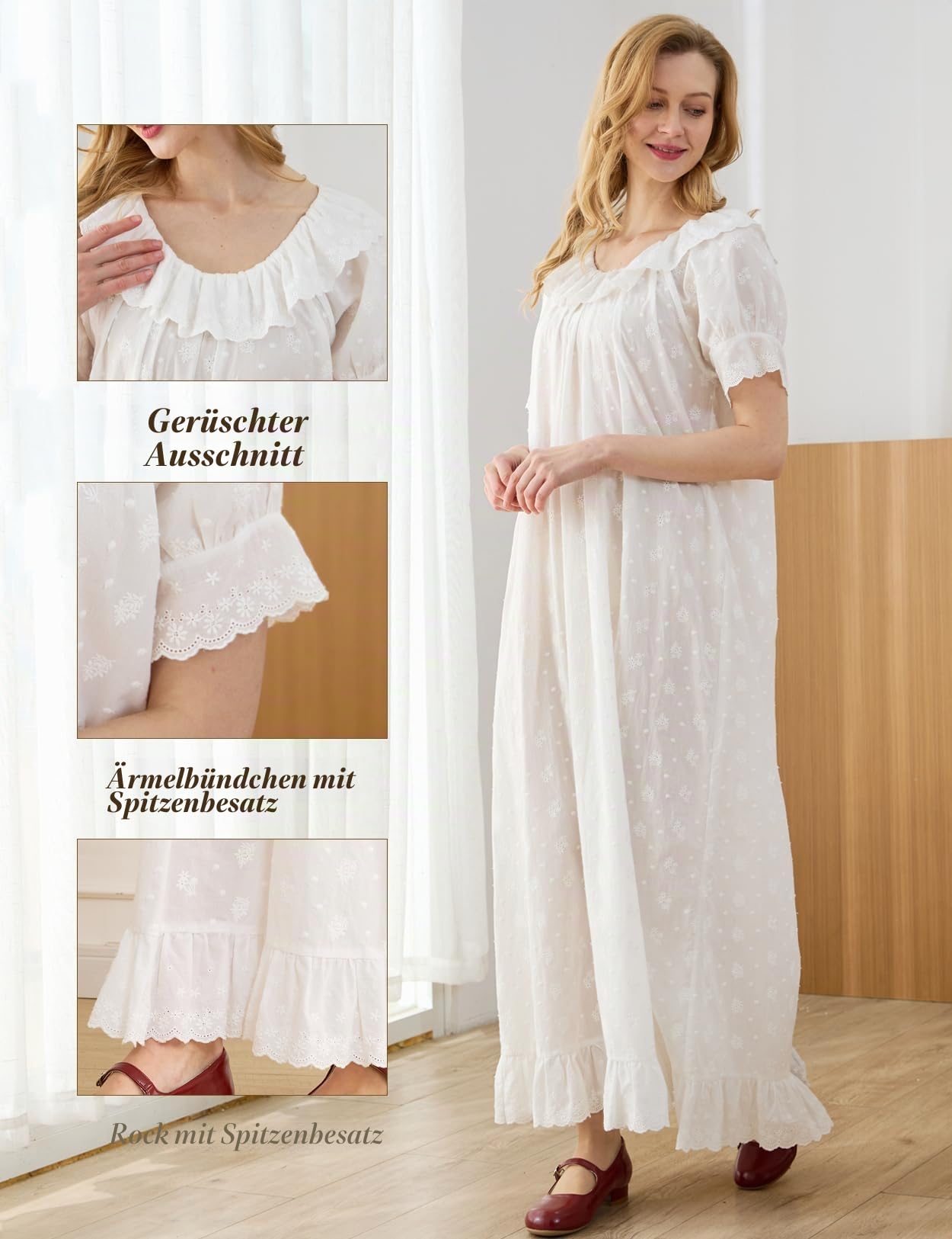 BEAUTELICATE Damen Nachthemd Kurzarm Vintage Leichter Baumwolle Schlafkleid Lange Elastischer Halsausschnitt mit Rüschen Ganzkörper-Stickerei Sommer Viktorianisch Nachtkleid Negligé Weiß