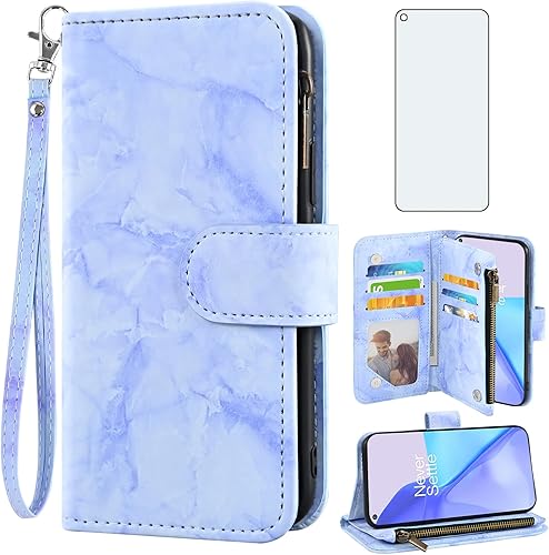Asuwish Funda para teléfono OnePlus 9 OnePlus9 5G Wallet Cell Cover con protector de pantalla de vidrio templado y soporte de tarjeta de crédito con