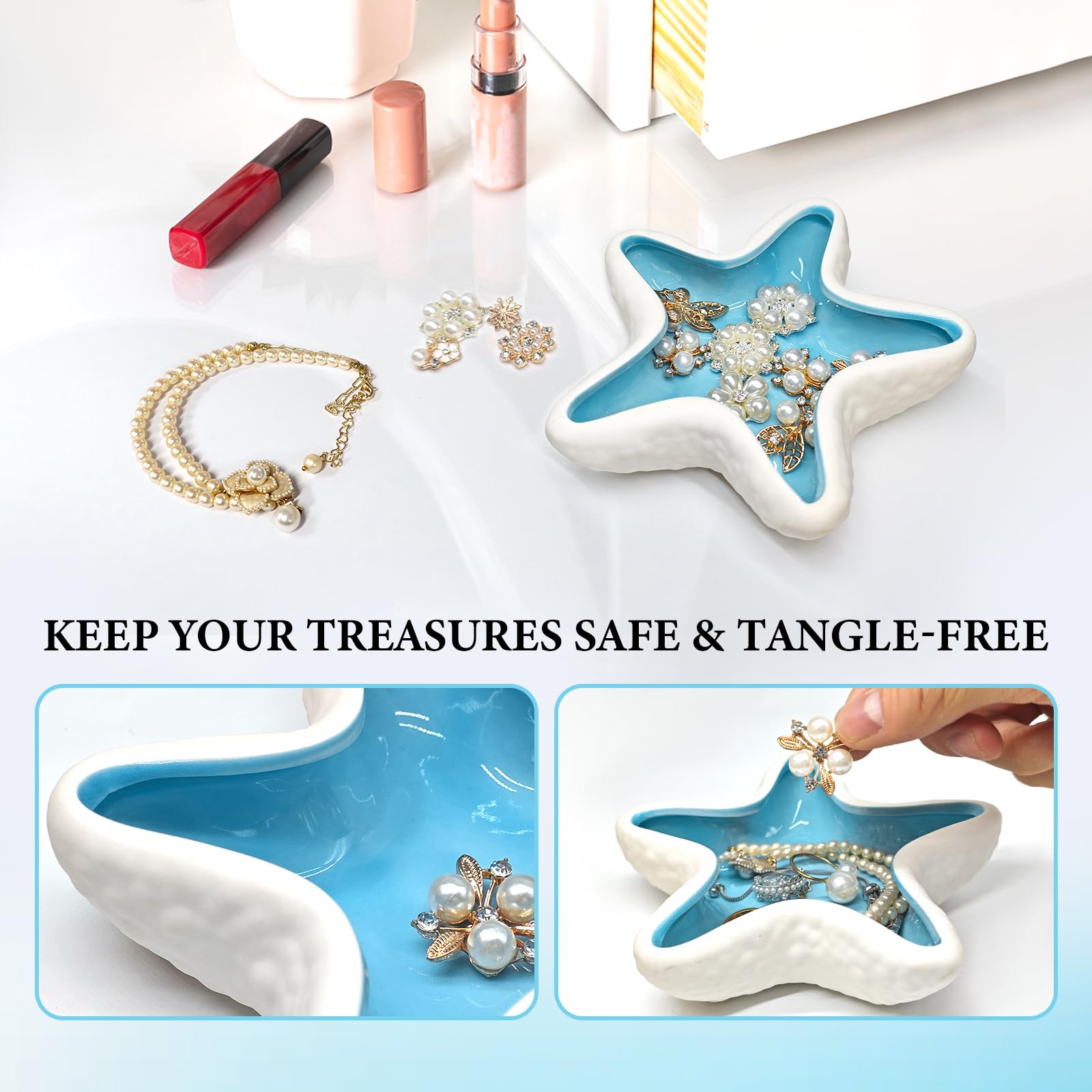 Starfish Jewelry Dish Ceramic Trinket Tray - Ocean Themed Ring Holder for Earrings, Necklaces, Beach & Bathroom Organizer with Glossy Glaze, Coastal Room Decor Gift for Women