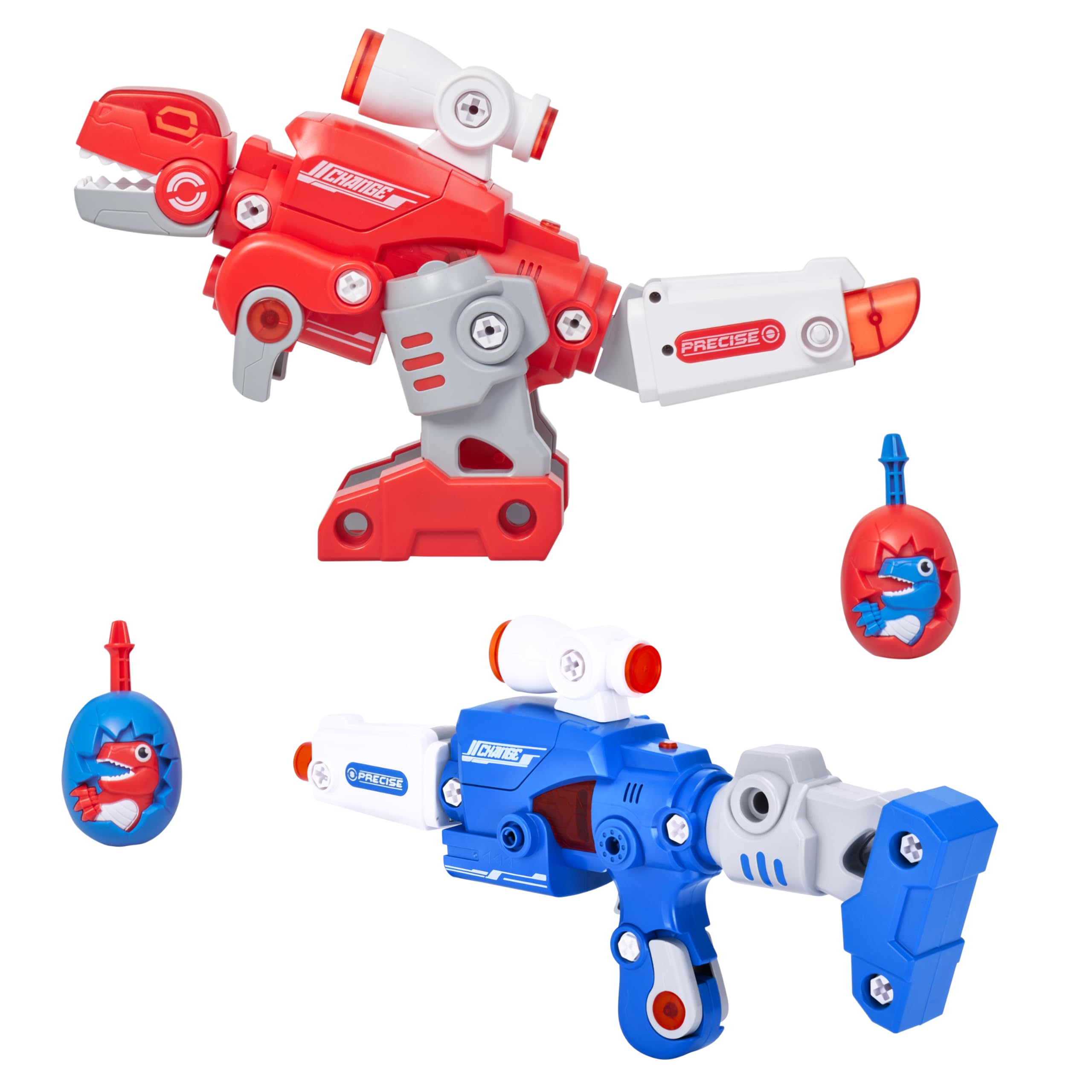 Dazmers Toddler Transformer Toys Set of 2 - Transforms from Dinosaur to Gun - Fun Interactive Toys for Outdoor Play - Ideal for Ages 36 Months to 10 Years (3" H x 10" L x 7" W, Blue & Red)