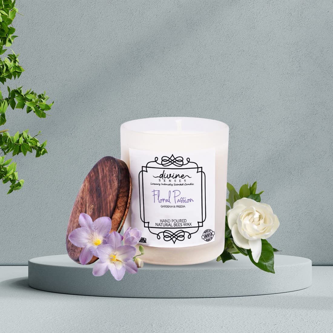 Divine Senses Gardenia & Freesia Intensely Scented Natural Beeswax Candle for Home Decor | Highly Fragranced Frosted Glass Jar with lid | 40 Hours Burning Time | Hand Poured Pure Wax Candles