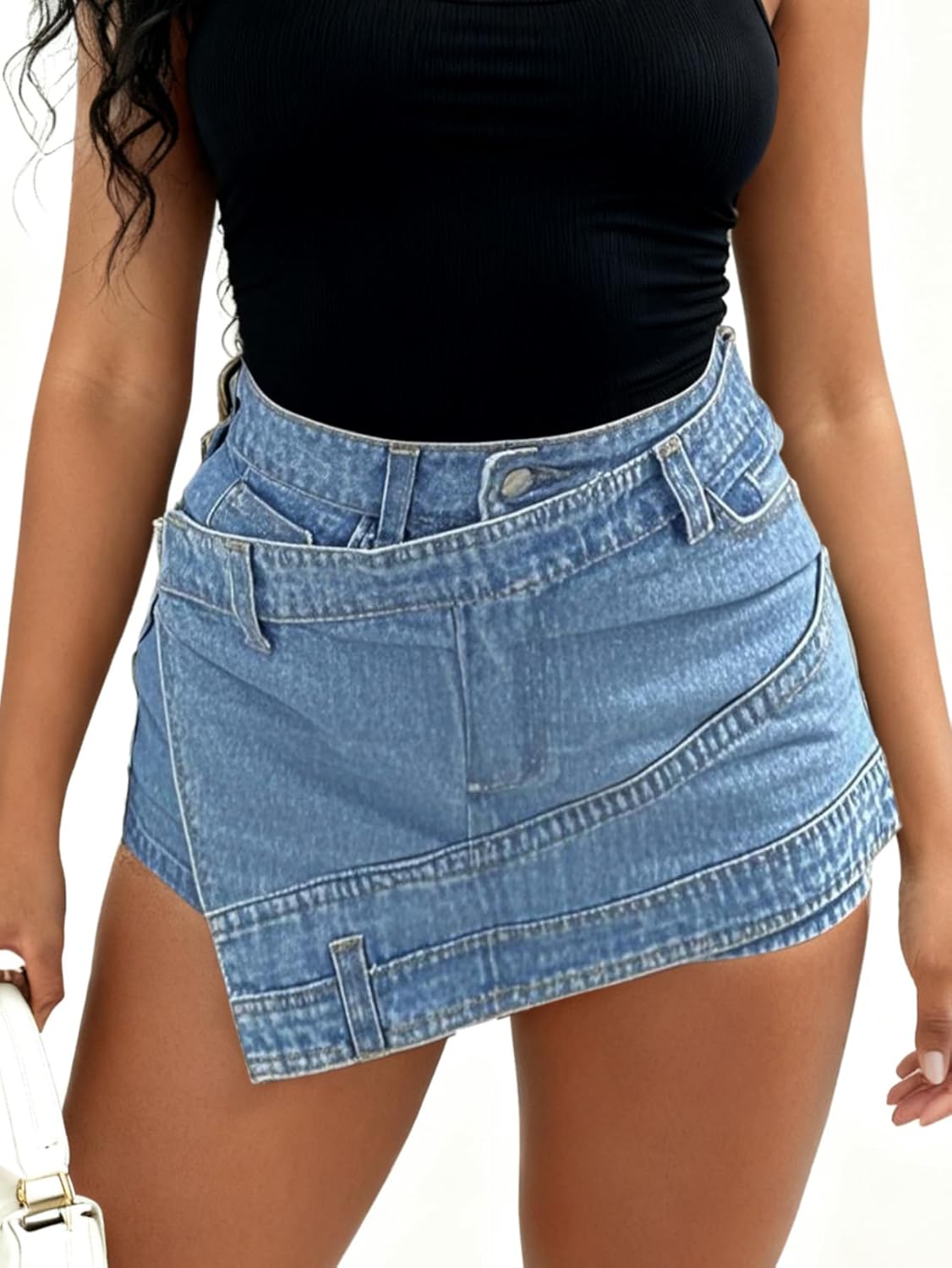 SOFIA'S CHOICE Women's Denim Jean Mini Skirt Skorts Sexy High Waisted Stretchy Asymmetrical Skirts - Image 2