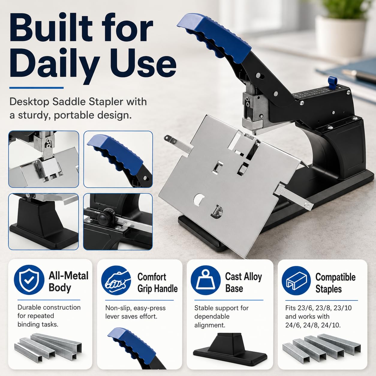 Grapadora de escritorio resistente con 3000 grapas 23/6, grapado plano y de montura, grosor máximo de encuadernación de 6,5 mm, para folletos, uso en casa, escuela y oficina
