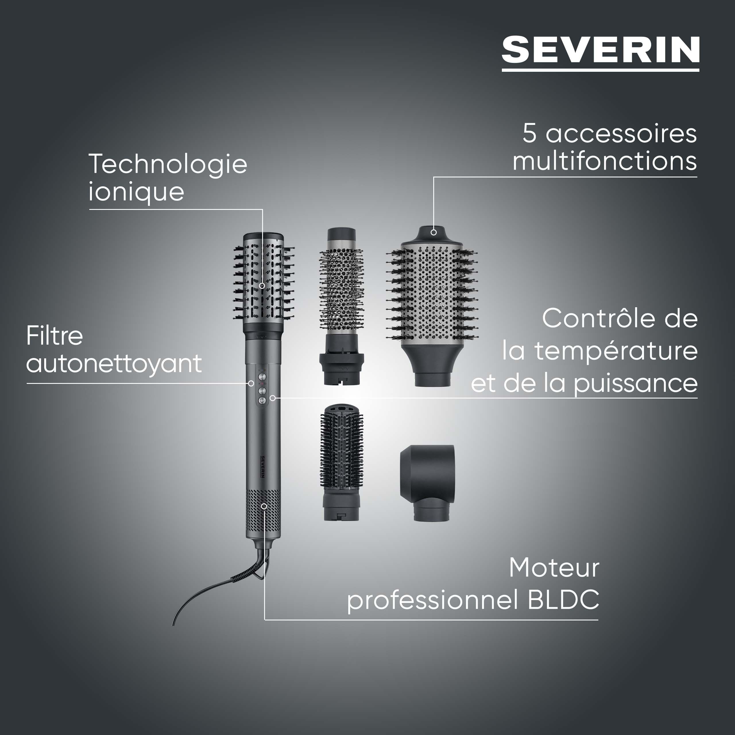 SEVERIN Brosse soufflante Multi Style 5 en 1, Brosse électrique avec 5 accessoires inclus, Sèche-cheveux, 2 brosses rondes, brosse ovale et plate, Technologie ionique, 1 500 W, Noir, WL 0684