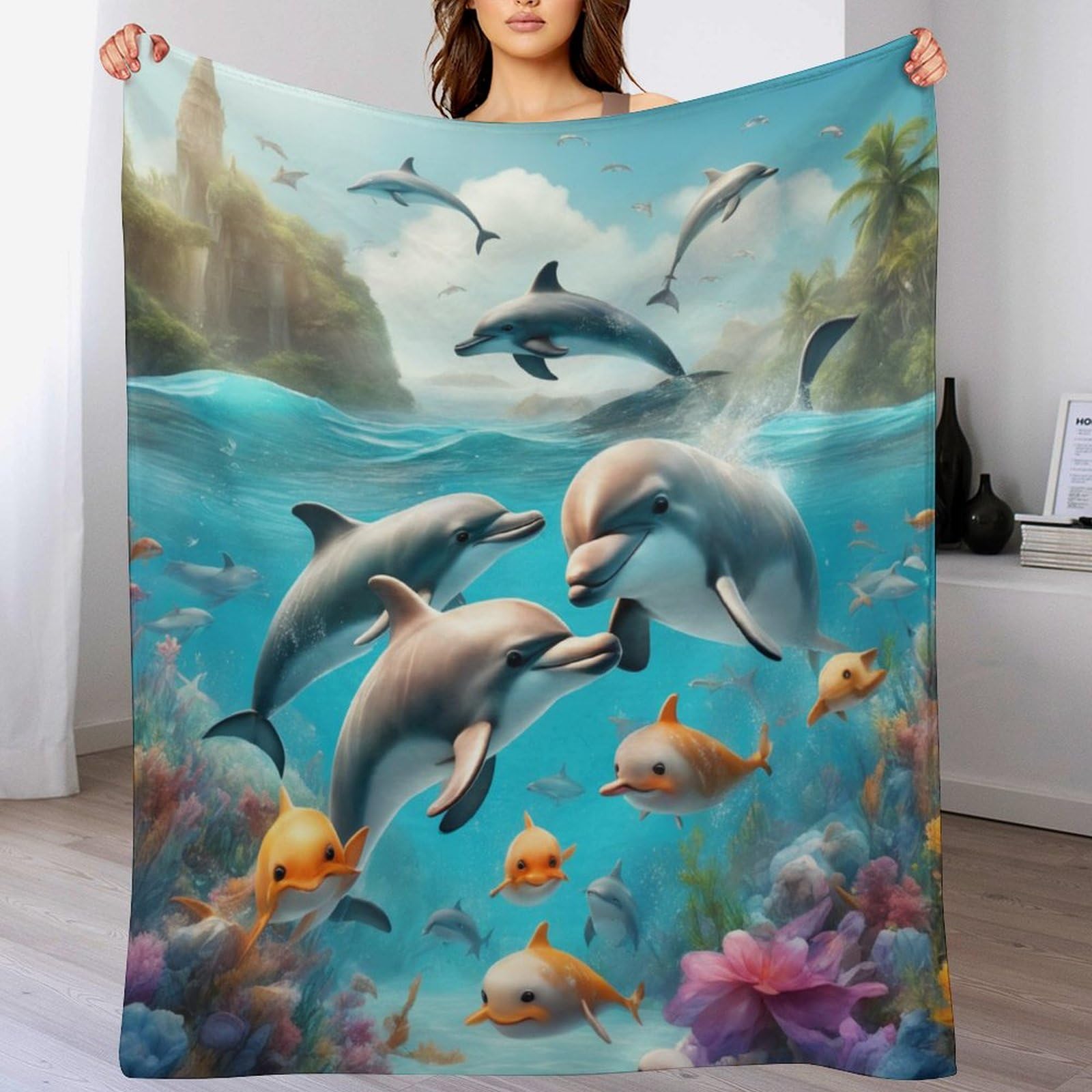 Couverture dauphin flannel chaude contre le froid, plaid 150x200cm lavable lit et canapé