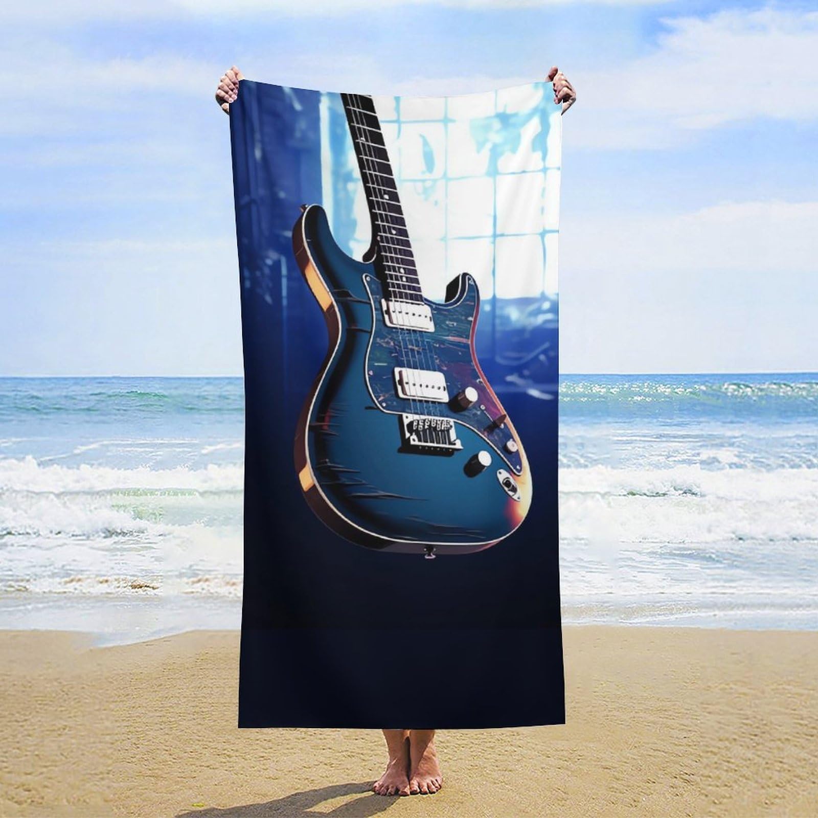 NTVOWPZO Blue Guitar Beach Towel Oversized Microfiber Bath Towels Lightweight Sand Proof Beach Towels Absorbent Pool Towels for Swimming Yoga Bathroom Towel 31.5" X 63"