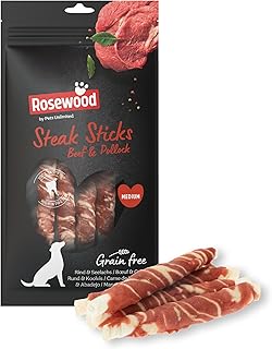 Rosewood Steak Sticks Hundeleckerlis 90g – 4 Stück – Mit Rind und Seelachs – Mittelgroße Snacks für Hunde – Getreidefrei, glutenfrei, ohne künstliche Zusatzstoffe – Zahnpflege durch Kauen product image