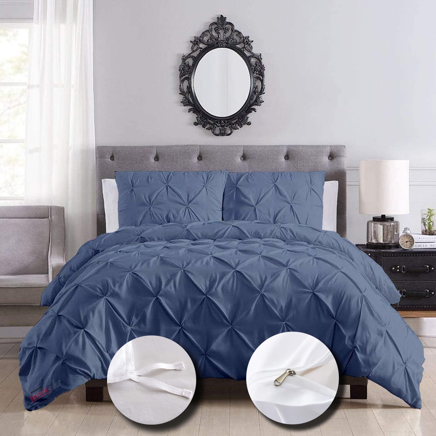 eBeddy Linens Luxury Egyptian Cotton Super King Plus 120x120 Size Pinch Pleated Pintuck Duvet Cover Set with Zipper Closure & 7 Corner Ties Soft Bedding Duvet Cover Set, Durable Stitch, Lake Blue Super King Plus 120X120 Steel Blue