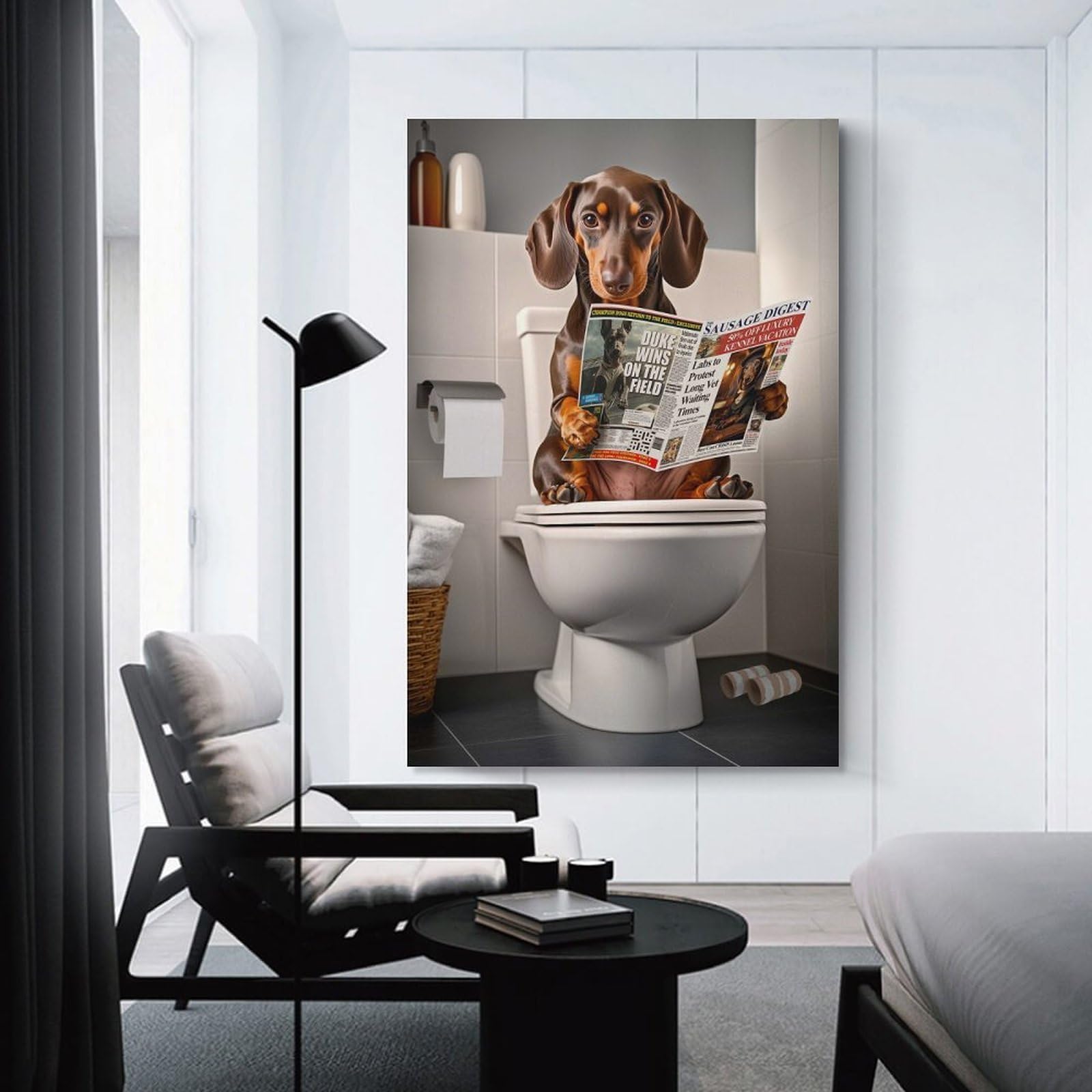 Junmoney Unframe-Style-13 Canvas Art Print Dachshund Reading Newspaper On Toilet, 20X30inch(50X75cm), For Contemporary Homes, Apartments Or Offices, Decorative Canvas Decor For Home Updates